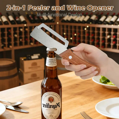 Ultra-Sharp Stainless Steel Peeler with Wooden Grip & Bottle Opener